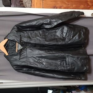 VTG Gianni Velente Mens Black Leather Coat Italy Zips Pockets Drawstring XL READ